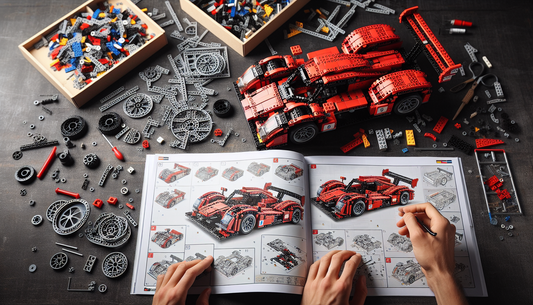 A scene of building a red Lego Technic race car model with intricate and challenging details. The table where the model is being built is filled with various Lego pieces scattered around. The instruct