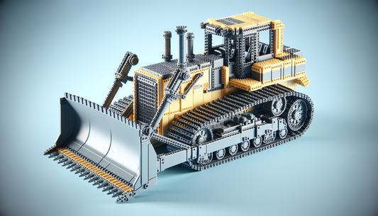Render a detailed view of a model bulldozer set constructed from interlocking plastic bricks. The model should be complex, displaying a level of sophistication comparable to technical series of popula