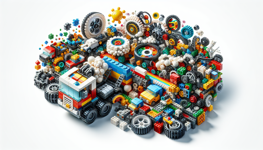 Imagining the thrill associated with a generic building block set numbered 42141. Visualize a detailed image of various vibrant and colorful bricks, interlocking mechanisms like wheels, hinges, and ge