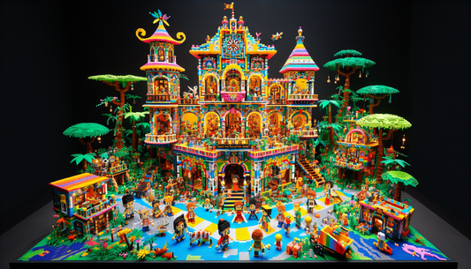 An enchanting world of building blocks in bright primary colors, filled with creative constructions. A large decorative house is a central feature, with multiple rooms revealing different activities.
