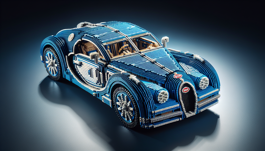 A remarkable miniature depiction of a Bugatti, engineered entirely out of interlocking building blocks. This tiny wonder showcases incredible attention to detail, with an intricately assembled body th