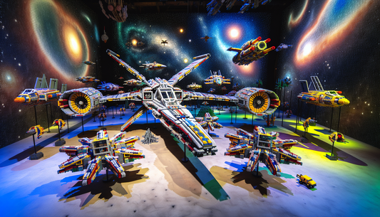 Enter an imaginative realm exhibiting various models of spacecraft built from colorful interlocking plastic bricks, similar in style to X-shaped space vessels. The models are meticulously crafted by s