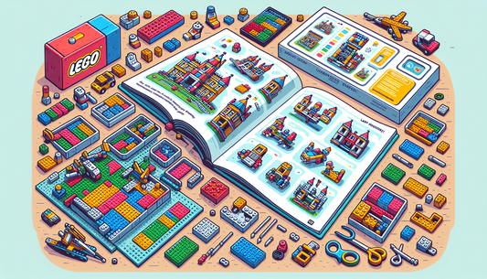 An illustration of a Lego-themed building experience. Display a wide array of colorful Lego bricks and elements arranged on a table with an open manual nearby. Include some partly assembled structures
