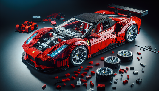 Creating a LEGO model of a high-performance sports car inspired by the aesthetics of the Ferrari Daytona SP3. The image will emphasize the dynamic design elements such as sleek curves, prominent front