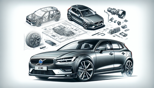 A detailed illustration of the Volvo C30, showcasing its compact style and powerful performance. The image should highlight the sleek design of the vehicle, with emphasis on its aerodynamic shape, sty