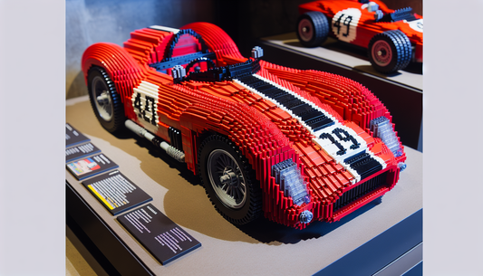 Exploring a building brick model of a classic sports car, reminiscent of the timeless essence of historic racing vehicles. The model is crafted from vibrant red bricks, featuring streamlined surfaces