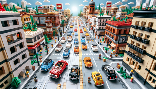 Imagine a world where everything is made up of Lego-like bricks, but with a twist. These are not your ordinary toy blocks, they're inspired by designs of Fiat automobiles. Picture a rich landscape of