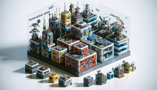 A conceptual illustration of futuristic innovative building blocks, mirroring the complexity and ingenuity associated with LEGO Technic. Imagine the blocks in the year 2023, incorporating advanced tec