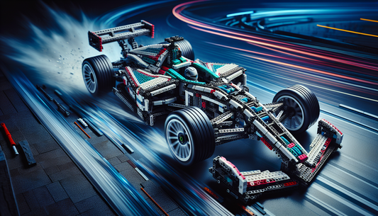 An exciting landscape showcasing the intricate design of a technic-style toy brick race car. The race car is modeled after a high-performance motorsport vehicle, showcasing iconic features such as a f