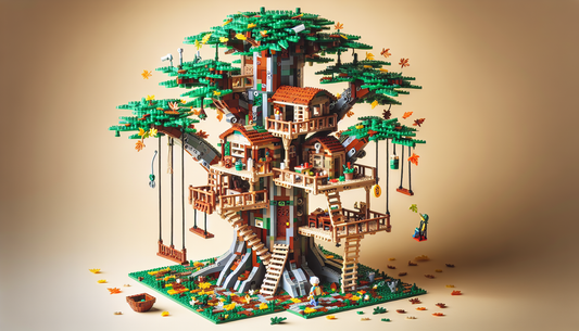 Create a detailed image of a plastic brick construction set, specifically a tree house. The tree house should be intricate, featuring a three-tiered design supported by a massive, sturdy plastic brick