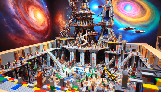 Constructing an adventure-themed building set with an infinite saga theme. Employing an assortment of colored interlocking plastic bricks to bring the narrative to life in a visually impressive struct