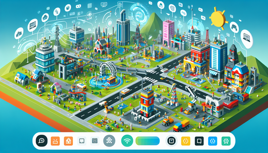 A digital world populated with various structures and objects built with colorful Lego blocks. The landscape is filled with skyscrapers, bridges, castles, and many unique buildings, all made from Lego