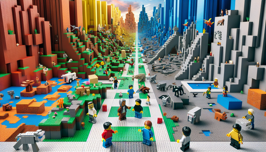 Imagine a remarkable scene where the worlds of Lego and Minecraft merge. In this imaginative fusion, blocky Minecraft landscapes gain a plastic sheen, while Lego structures take on pixelated edges. Vi