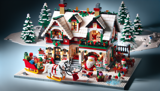 A detailed visualization of a specific festive toy creation set, known as 'Holiday Celebration 10293.' It features a quaint little brick-based house with different rooms such as a kitchen, living room