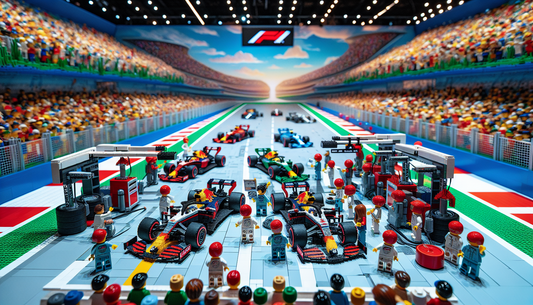 A high-octane scene of LEGO Formula 1 racing sets. The landscape is filled with intricate, colourful bricks assembled into Formula 1 race cars that showcase stunning detail and precision. Fans made fr