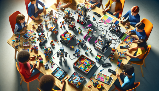 A scene showing the unleashing of creativity through interactive robotics. It features a multicolored Lego robotics kit spread out on a table, with several built creations already standing proud. The