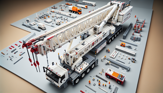 A detailed, close-up examination of a toy replica of a crane model, inspired by the Liebherr LTM 11200. This toy is made of small, interlocking plastic bricks that build a large mobile crane, complete