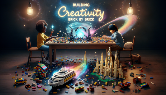 A scene that showcases the magic of LEGO. Picture this; an array of colorful plastic bricks scattered across a plain wooden table. The hands of an African girl on one side and an Asian boy on the othe