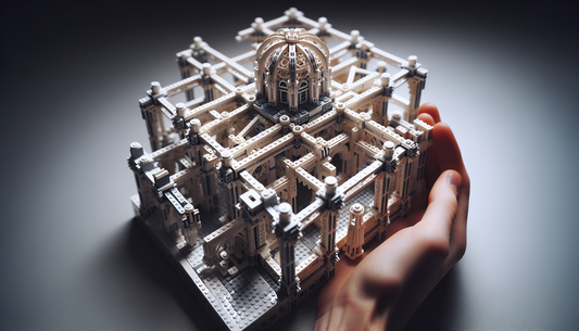 An intimate examination of a construction toy set resembling LEGO Set 21335. The set features numerous interlocking plastic pieces designed to be assembled into various structural configurations, all