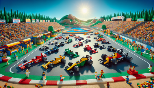 Imagine a vibrant, life-size world entirely made of colorful Lego bricks. In this world, there's an ongoing Formula 1 race, with multiple replicas of classic racing cars built from Lego, each in uniqu