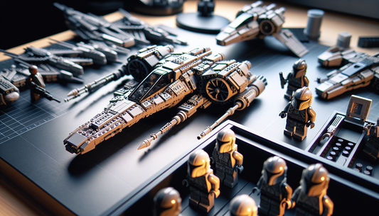A close view on a brick-based building toy starfighter set. The design is inspired by futuristic aircrafts from science fiction, with intricate details and a primarily grey color scheme. The set also