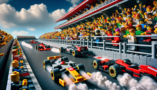 Imagine the excitement of Formula 1 racing captured in the blocks and bricks of Lego. Visualize a detailed Lego Formula 1 racing scene with a racetrack filled with miniature multi-colored Lego race ca