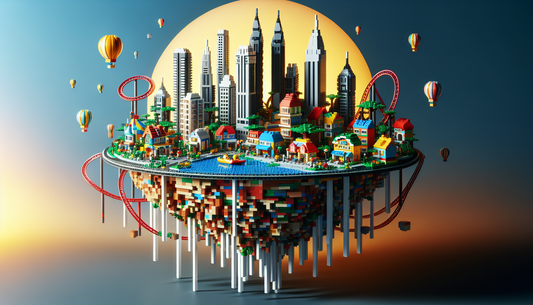 Illustrate a creative design concept of interlocking plastic bricks (in the style of LEGO but non-branded) forming an entire cityscape at the edge of the world, which we'll call the 'Horizon'. The cit