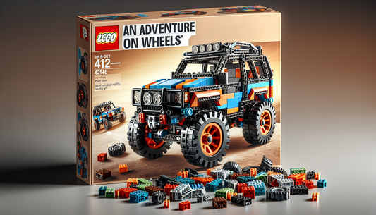 Depict a generic construction toy set number 42140, titled 'An Adventure on Wheels'. The set focuses on a vehicle construction theme. The image should display a collection of colorful, interlocking pl