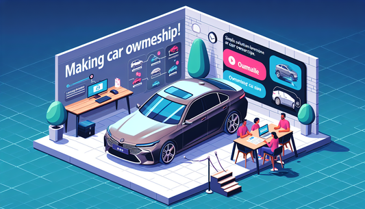 An image showcasing the concept of 'Simple Solutions for Car Ownership' by a fictional car company. The image includes a sleek, modern automobile parked in a driveway. Nearby, a family is clustered ar