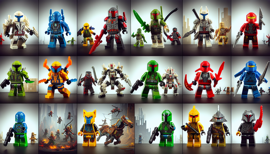 Create an image of imaginative and playful figures crafted entirely from interlocking plastic bricks. These figures should be iconic and easily identifiable, accentuated by the vibrant colors and shar