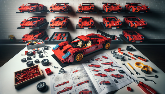 Intricate scene of an enthusiast constructing a high-performance sports car from interlocking plastic bricks, traditionally associated with a popular children's toy brand. The car features a deep red