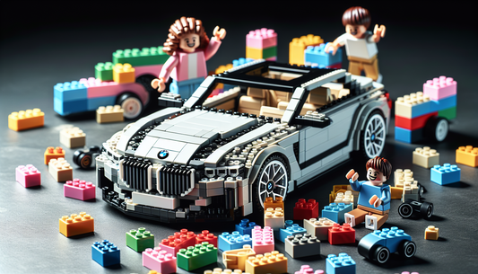 Imagine a fun and adventurous scene with building blocks. In this scene, a car model has been constructed out of these colorful blocks. It's a sleek and sophisticated design reminiscent of a luxury ca