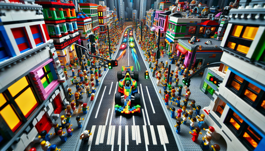 An intricate scene depicting a world built entirely out of LEGO bricks. In the center, a built LEGO race car designed with vibrant colors is speeding down a wide, LEGO-built street surrounded by a bus