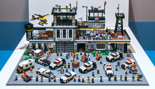 A detailed display of a generic toy brick city police station, similar to popular interlocking brick toy sets. The set includes various features like a jail cell with a breakout feature, command tower