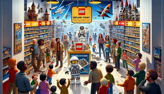 A memorable Lego shopping experience: Imagine the interior of a Lego shop bustling with energy. A variety of Lego sets are neatly displayed on shelves - medieval castles, space ships, city dioramas. C
