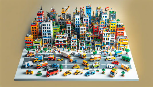 An image displaying a toy setup from a generic construction block series labeled as '10948'. The setup shows an assortment of different building blocks in various shapes, sizes, and colors. Liveried i