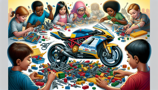 A detailed illustration of a lively toy building scenario. There are plastic building bricks, popular among kids, meticulously constructed to resemble a high-performance motorbike akin to a Ducati. Th