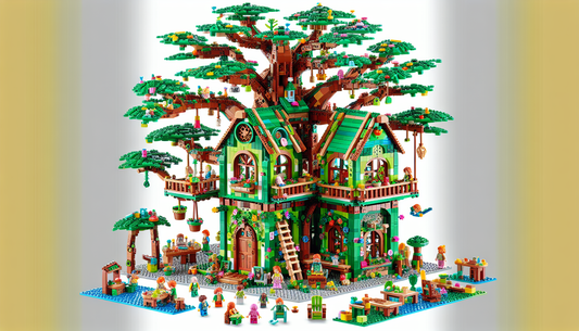 Illustrate an intricate toy construction set, based on interlocking plastic bricks. The focal point of the set is a verdant tree house, exquisitely detailed with features like wooden planks, a tiny st