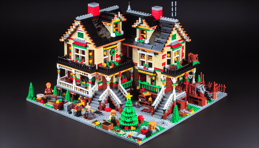 A detailed depiction of a toy building set, inspired by a popular Christmas-themed movie featuring a two-story suburban house with various accessories like a tree and small figurines. The house exhibi