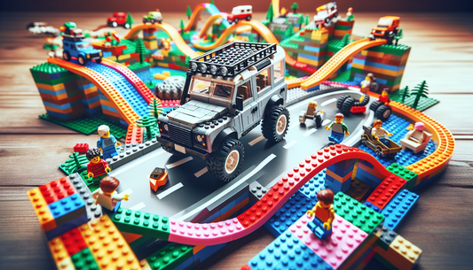 Picture an entertaining scene in a playful world made of colorful interlocking plastic bricks known universally as Lego. At the center of this scene is a highly detailed Lego Land Rover model, showing