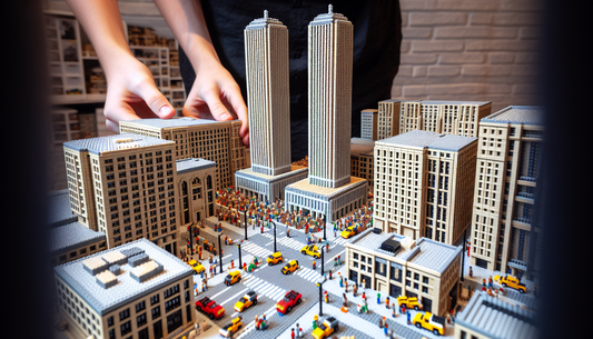 A detailed scene of building blocks being used to create a respectful tribute. The blocks are being arranged into a cityscape containing two tall buildings and an array of smaller ones around them. Th