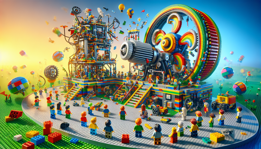 A colorful, playful landscape built entirely of Lego blocks, showcasing intricately constructed structures and mechanisms. In the center stands a powerful Lego motor exhibiting its function by powerin