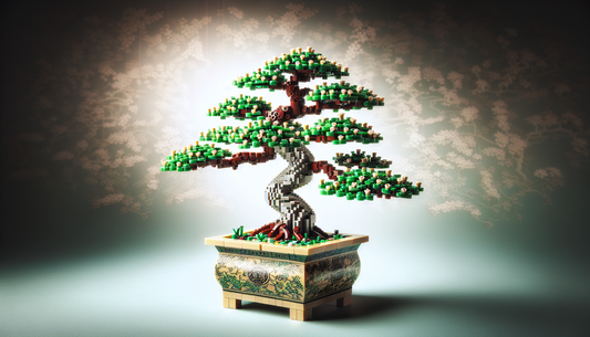 A beautiful Lego construction that represents a traditional Japanese Bonsai tree. This miniature marvel charms with its intricate detail. It features small and delicately built leaves, robust tiny bra