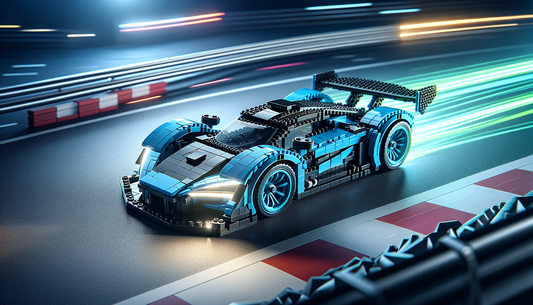 Illustrate a scene of a generic brick-constructed toy race car that shares design elements with well-known high-performance vehicles. The car is designed with a particularly aerodynamic shape, and vib