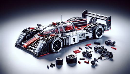 A depiction of a generic building block toy car, inspired by iconic race cars but without any specific branding or logos. Intensive detailing includes aerodynamically designed body, multiple adjustabl