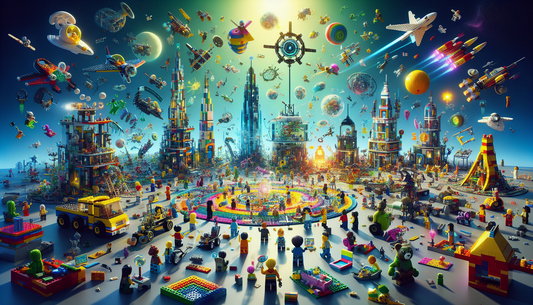 A scene of vivid exploration and unleashed creativity within the universe of LEGO. Imagine an array of LEGO constructions of varying complexities sprawled across a vast landscape, each piece bursting