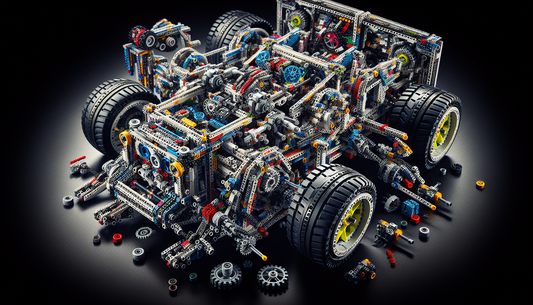 An intricate inspection of LEGO Technic Set 42144. The image should showcase the various key components of the set, notably the intricate designs, the unique colors showing diversity in blocks, and th