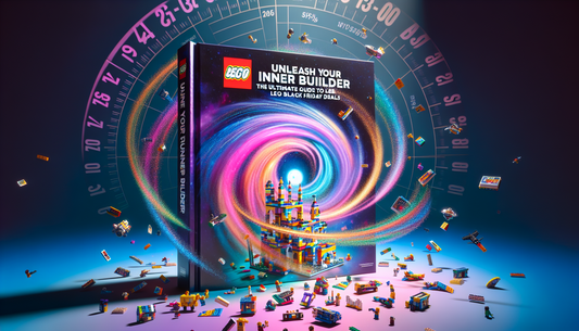 A vivid portrayal of a book cover titled 'Unleash Your Inner Builder: The Ultimate Guide to LEGO Black Friday Deals'. The book glows with the alluring charm of discounts and offers. The cover teems wi
