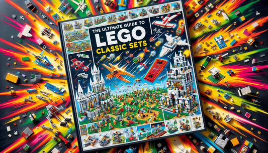 An illustrated guide book with a vibrant front cover displaying a variety of LEGO classic sets. The cover teems with exciting images of assembled LEGO models, such as castles, spaceships, futuristic c