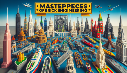 Show a collection of top masterpieces of brick engineering, showcasing their complexity, intricacy, and creativity. The view should highlight an assortment of diverse structures like skyscrapers, brid